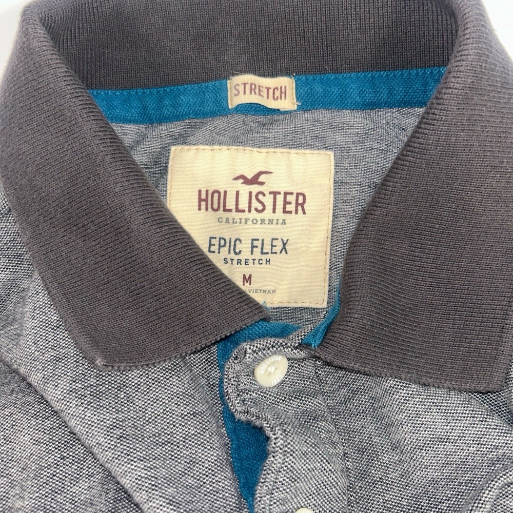 Hollister Mens Polo Shirt Medium Two Tone Grey Epic Flex Stretch Blue Logo - Picture 8 of 8